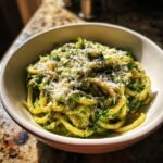 A close-up of a bowl filled with Delicious Creamy Pesto Pasta, topped with grated Parmesan cheese.