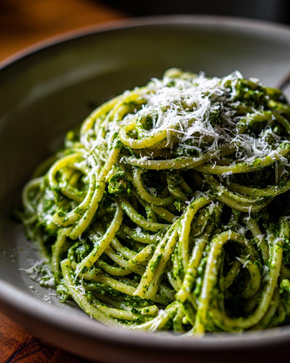 A close-up shot of a bowl filled with delicious creamy pesto pasta, topped with grated Parmesan cheese.