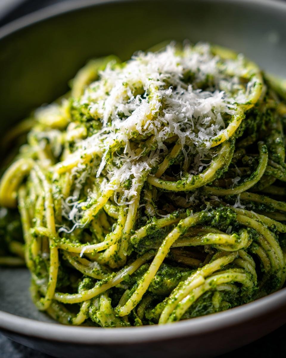Close-up of a bowl of Delicious Creamy Pesto Pasta, topped with grated Parmesan cheese.
