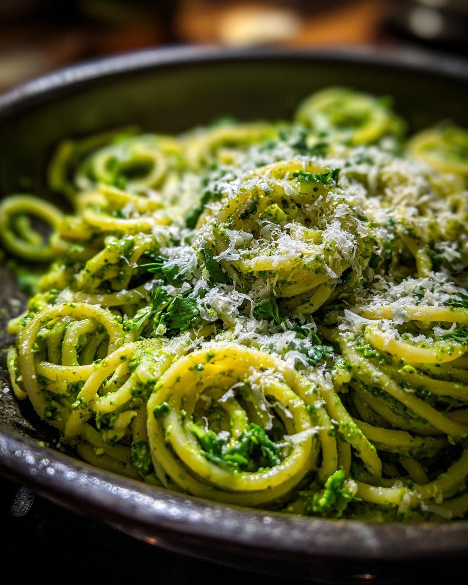 A close-up, mouth-watering shot of Delicious Creamy Pesto Pasta, generously topped with grated Parmesan and fresh parsley.
