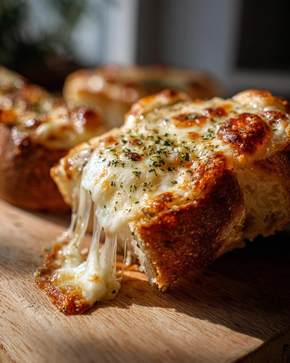 Close-up of delicious garlic bread pizza toast with gooey, melted cheese and herbs.