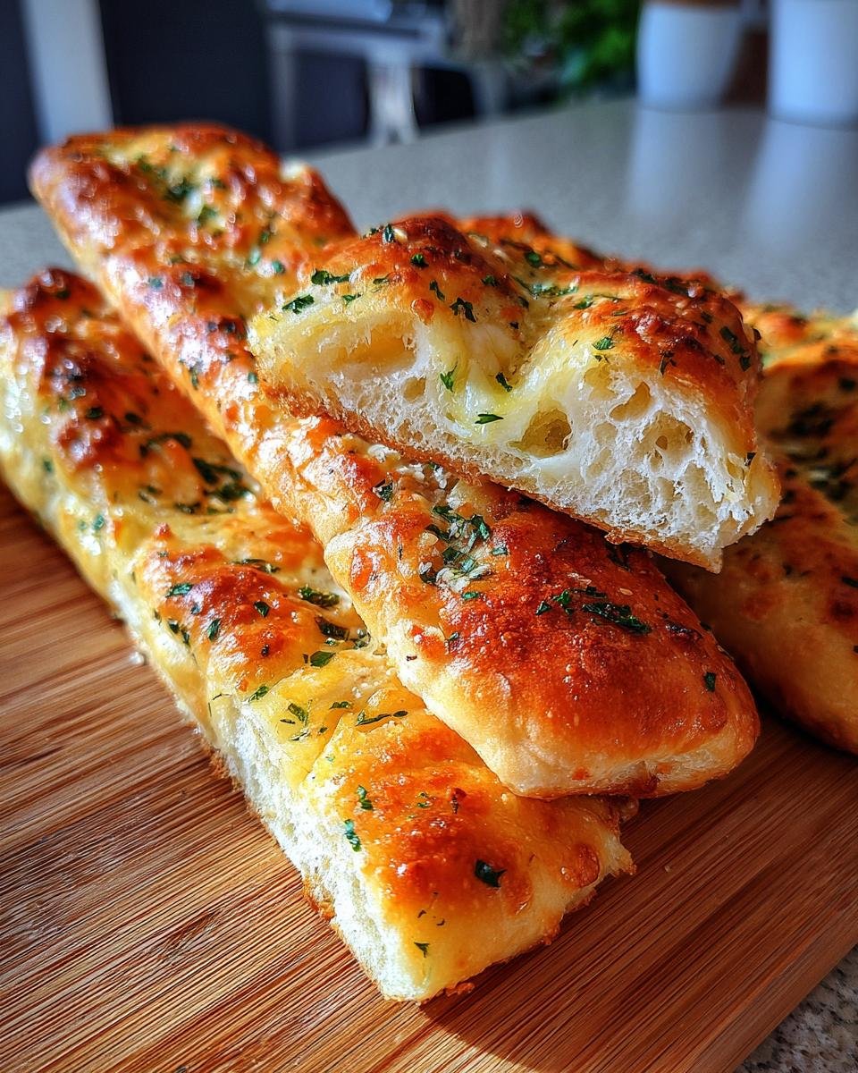 Close-up of golden brown, cheesy garlic breadsticks topped with fresh parsley, perfect for pasta nights.
