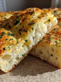 Close-up of a freshly baked garlic breadstick, split open to reveal a fluffy interior, topped with melted cheese and herbs.
