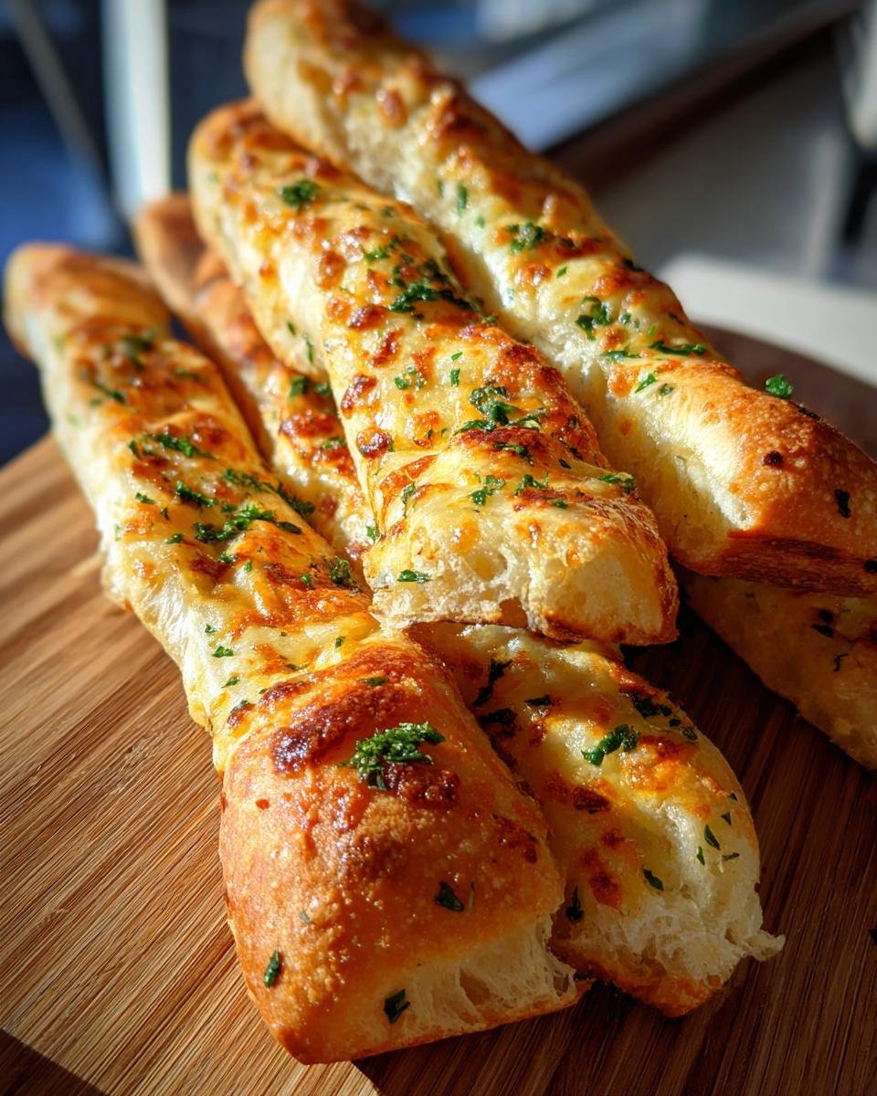 A close-up of golden-brown, cheesy garlic breadsticks sprinkled with parsley, perfect for pasta nights.