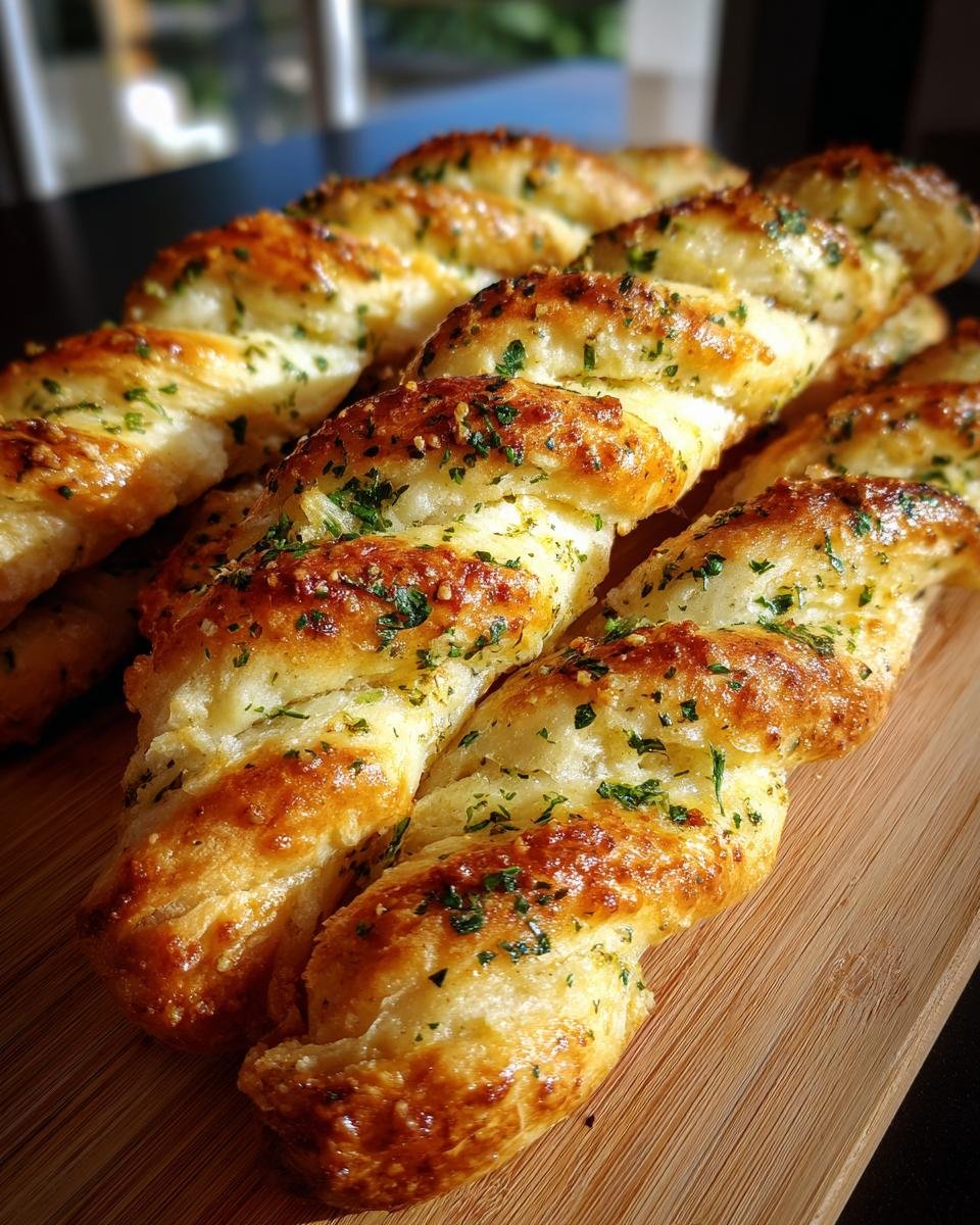 Close-up of golden brown, twisted garlic breadsticks topped with parsley, perfect for pasta nights.