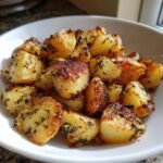 A bowl filled with golden-brown, Delicious Garlic Herb Roasted Potatoes, seasoned with herbs.