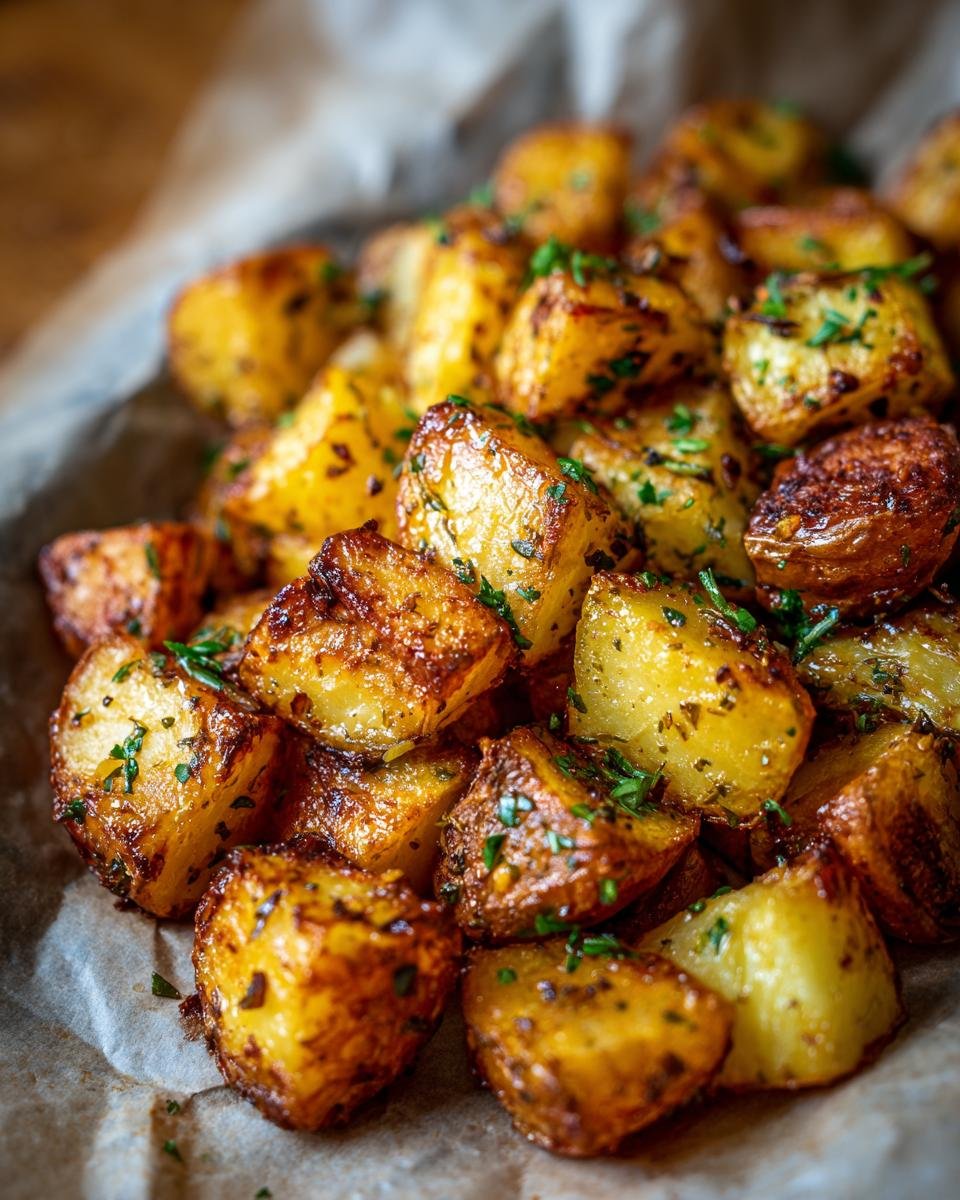 Close-up of golden brown, crispy Delicious Garlic Herb Roasted Potatoes sprinkled with fresh herbs.