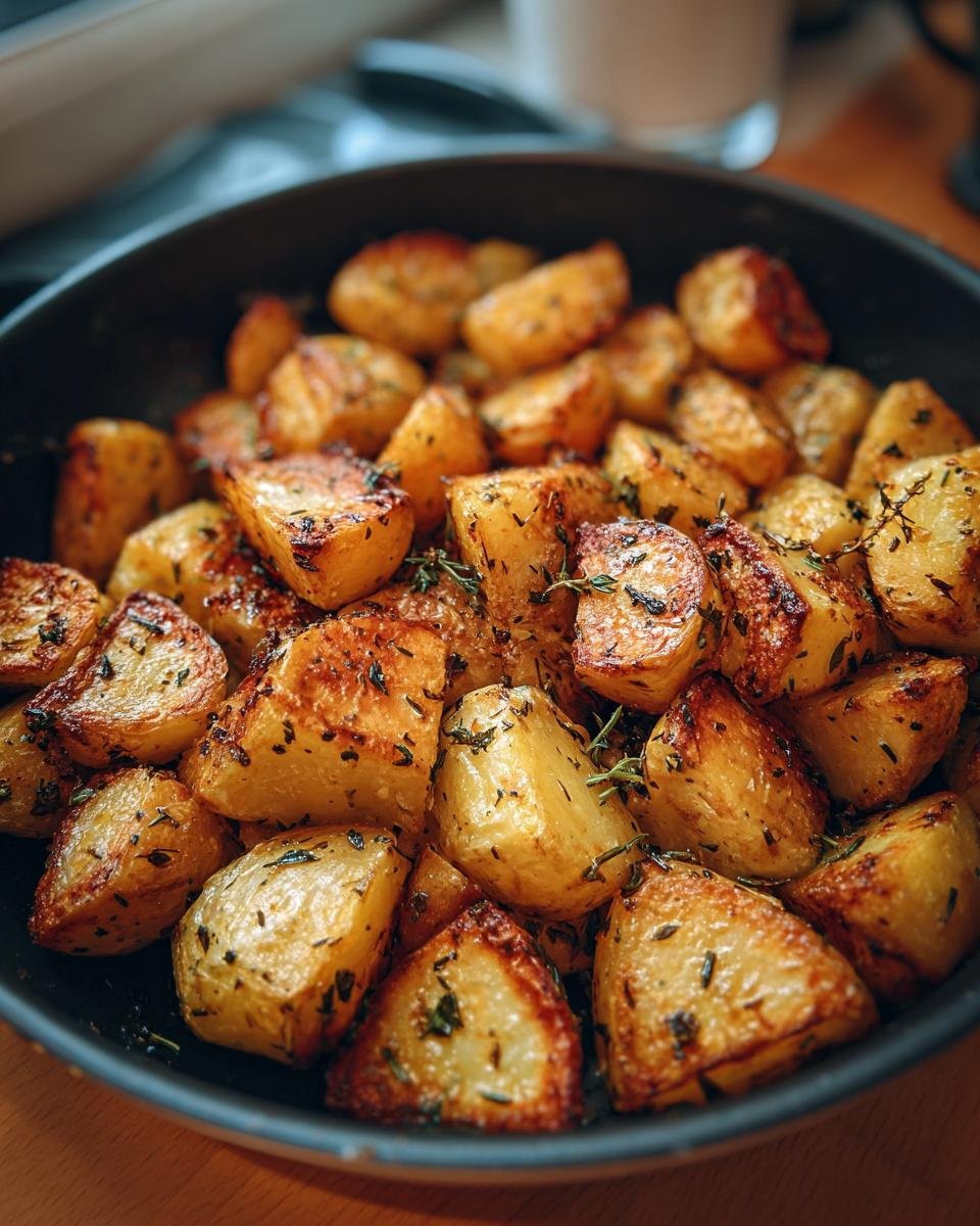 A close-up of a pan filled with golden-brown, Delicious Garlic Herb Roasted Potatoes, seasoned with herbs.