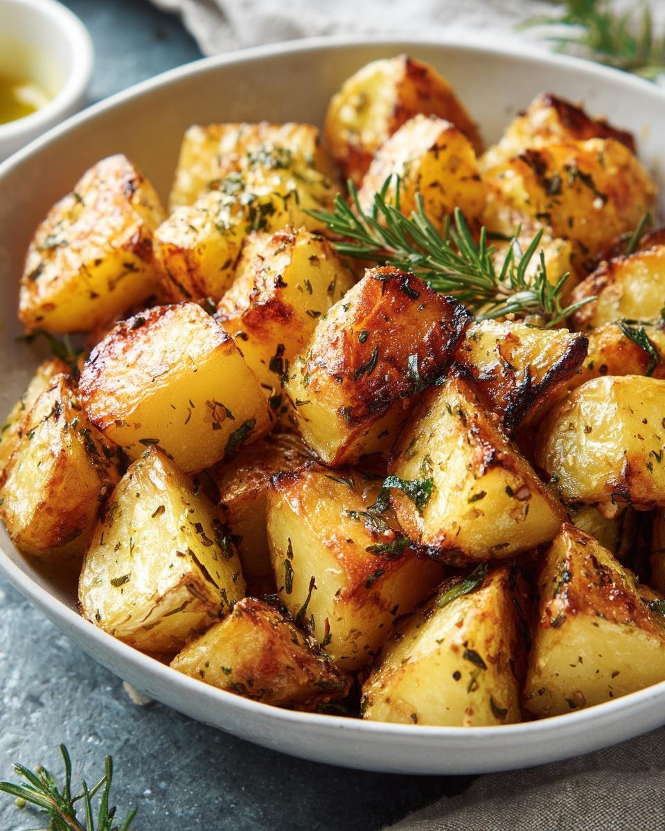 A bowl of Delicious Garlic Herb Roasted Potatoes, golden brown and seasoned with herbs and rosemary.