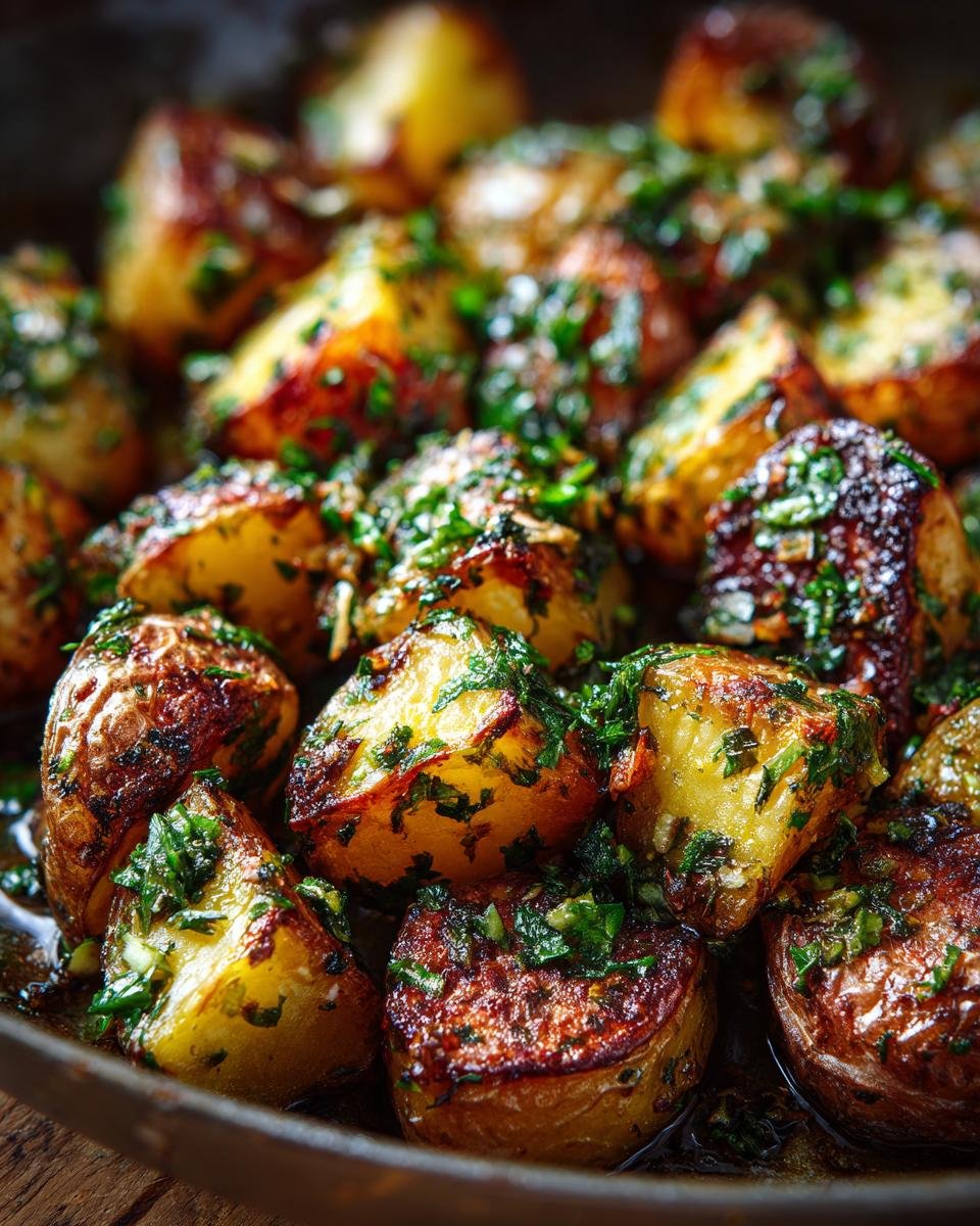 Close-up of Delicious Garlic Herb Roasted Potatoes, golden brown and seasoned with fresh herbs.