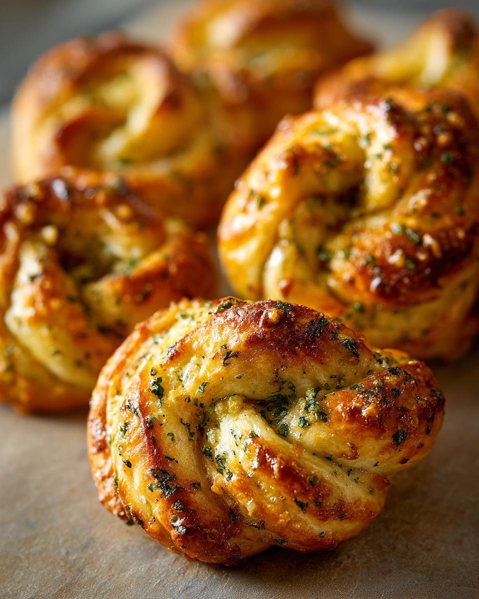 Close-up of a golden-brown, twisted garlic knot bread, sprinkled with fresh parsley.