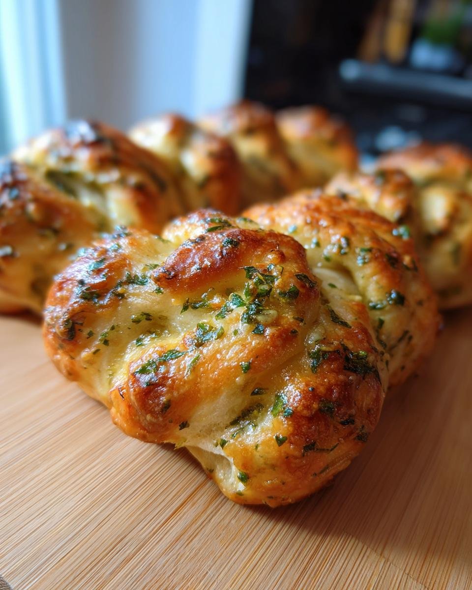 Close-up of golden brown, freshly baked Delicious Garlic Knots Homemade Bread Treat sprinkled with parsley.