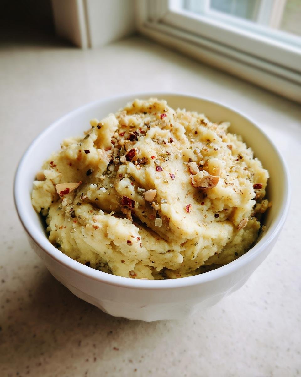 A white bowl filled with creamy Delicious Garlic Parmesan Mashed Potatoes, topped with chopped nuts and herbs.