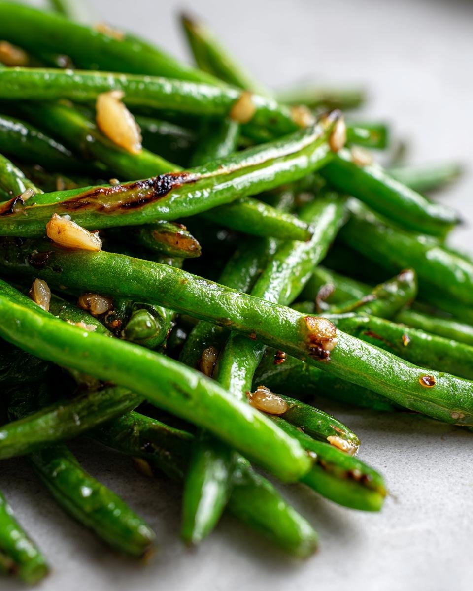 Close-up of a pile of delicious garlic roasted green beans, showing their vibrant green color and roasted garlic pieces.