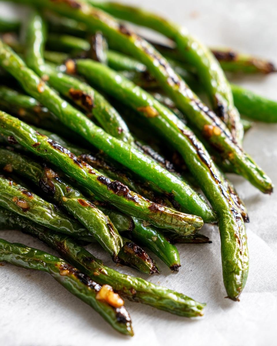 A close-up shot of delicious garlic roasted green beans, showing their vibrant green color and slight char.