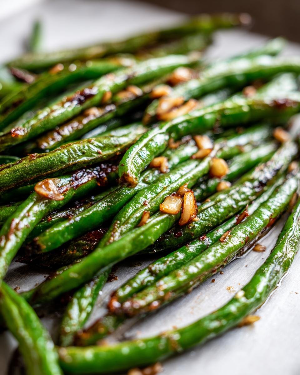 Close-up of delicious garlic roasted green beans, glistening and perfectly cooked.
