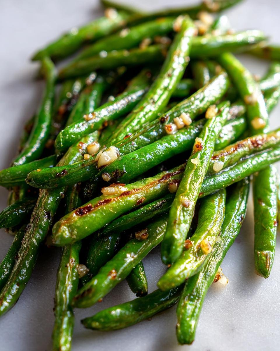 Close-up of a pile of delicious garlic roasted green beans, glistening and lightly browned.