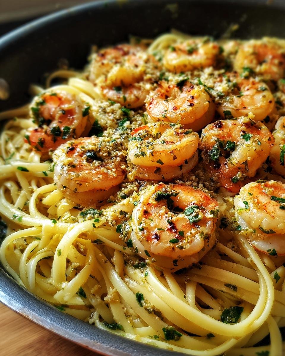 Close-up of Delicious Garlic Shrimp Pasta, featuring perfectly cooked shrimp nestled on linguine with a garlic herb sauce.