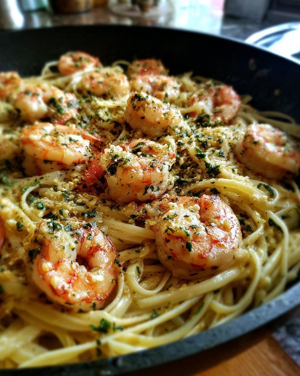Close-up of Delicious Garlic Shrimp Pasta, a quick weeknight meal, in a pan with linguine and garnished with parsley.