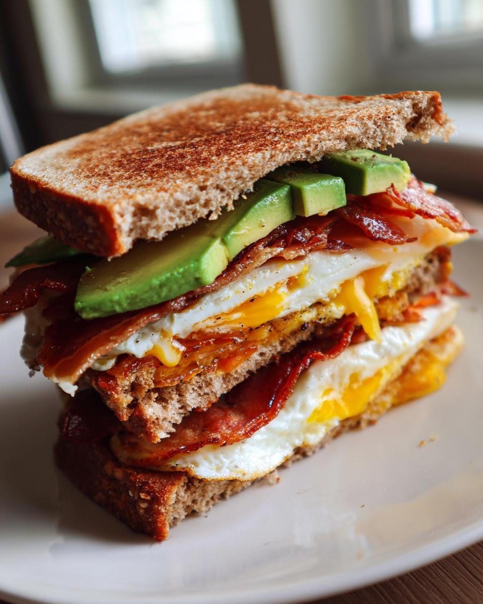 A Delicious Healthy Breakfast Sandwich stacked high with toasted bread, fried eggs, crispy bacon, and fresh avocado slices.