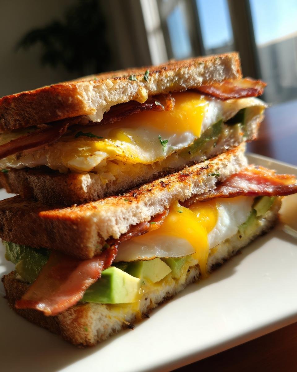 A Delicious Healthy Breakfast Sandwich stacked with toasted bread, a runny fried egg, avocado slices, and crispy bacon.