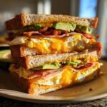 Close-up of a Delicious Healthy Breakfast Sandwich stacked high with scrambled eggs, crispy bacon, avocado, and cheese on toasted bread.
