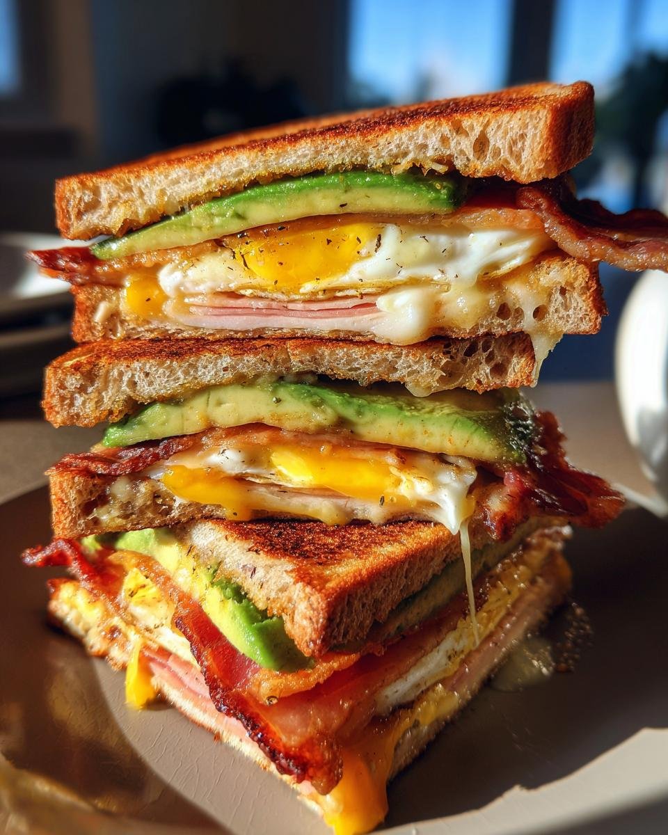A tall, stacked Delicious Healthy Breakfast Sandwich with avocado, fried egg, bacon, and cheese on toasted bread.