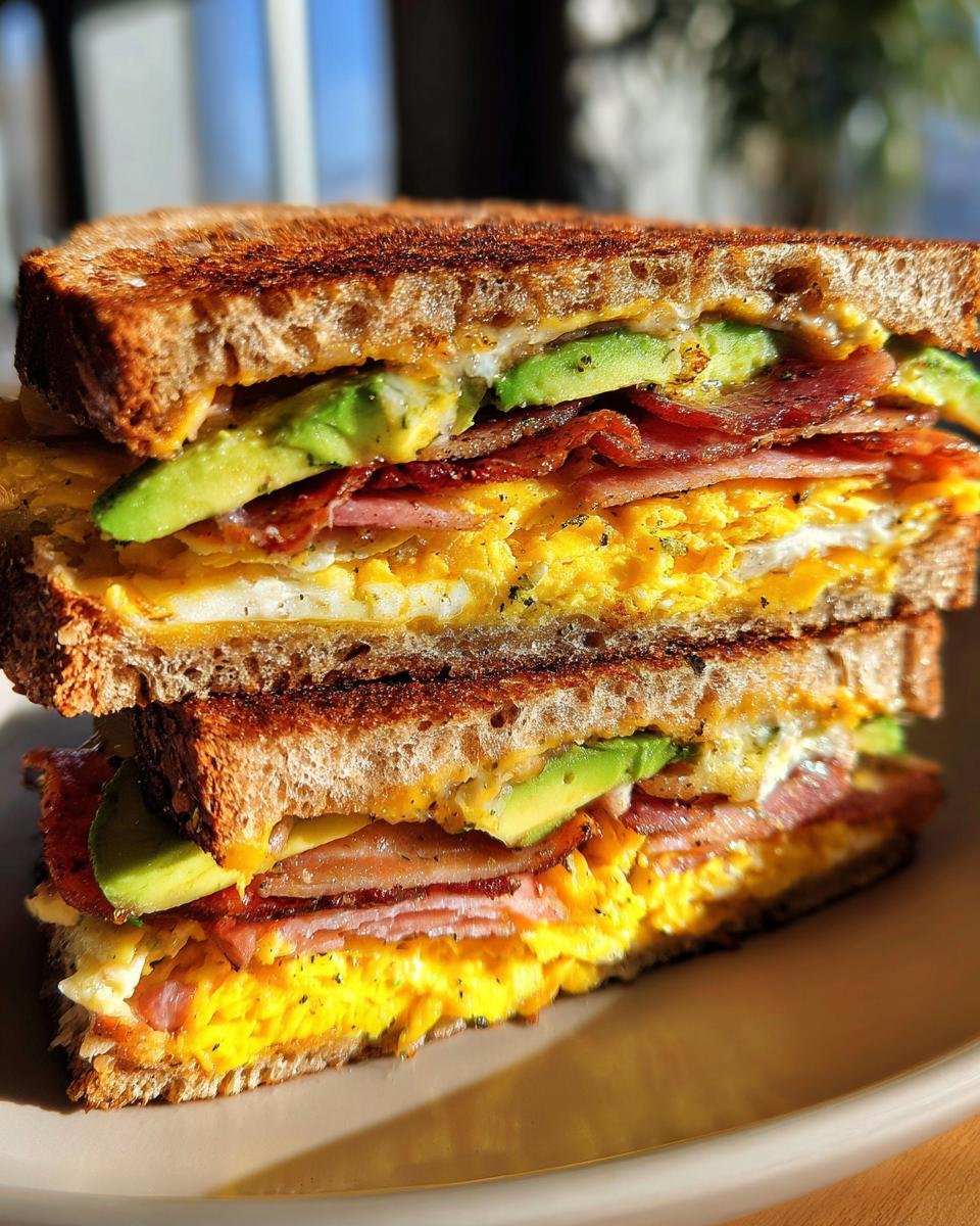A Delicious Healthy Breakfast Sandwich with toasted bread, scrambled eggs, bacon, avocado, and cheese.