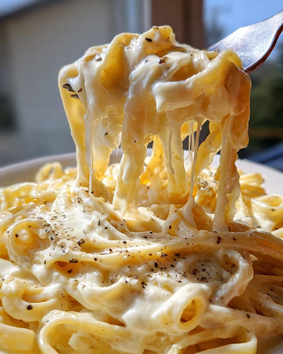 A fork lifting fettuccine pasta coated in creamy, cheesy, Delicious Homemade Alfredo Sauce Recipe.