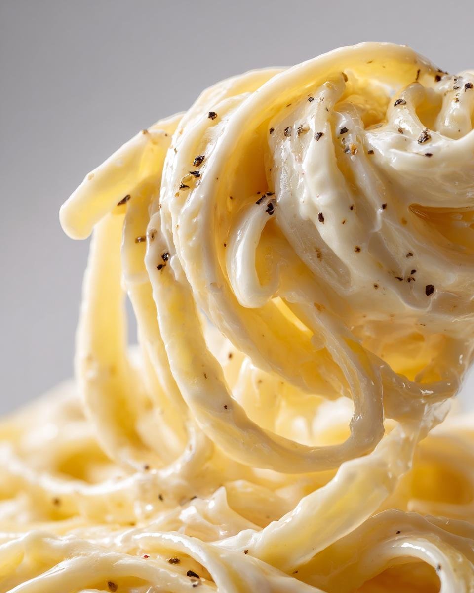Close-up of spaghetti coated in creamy, delicious homemade Alfredo sauce with cracked black pepper.