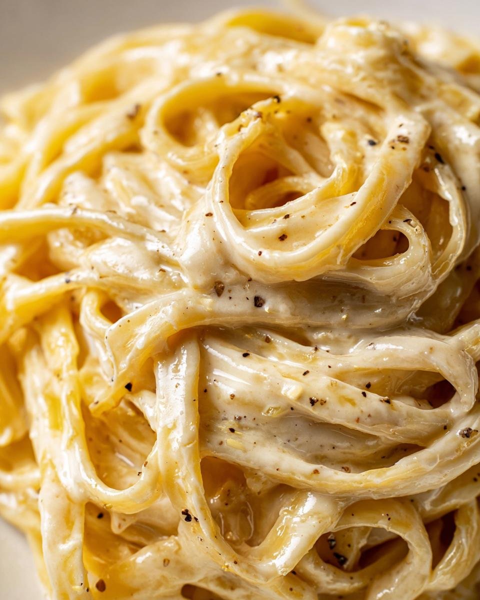 Close-up of fettuccine pasta coated in creamy, delicious homemade Alfredo sauce with black pepper.