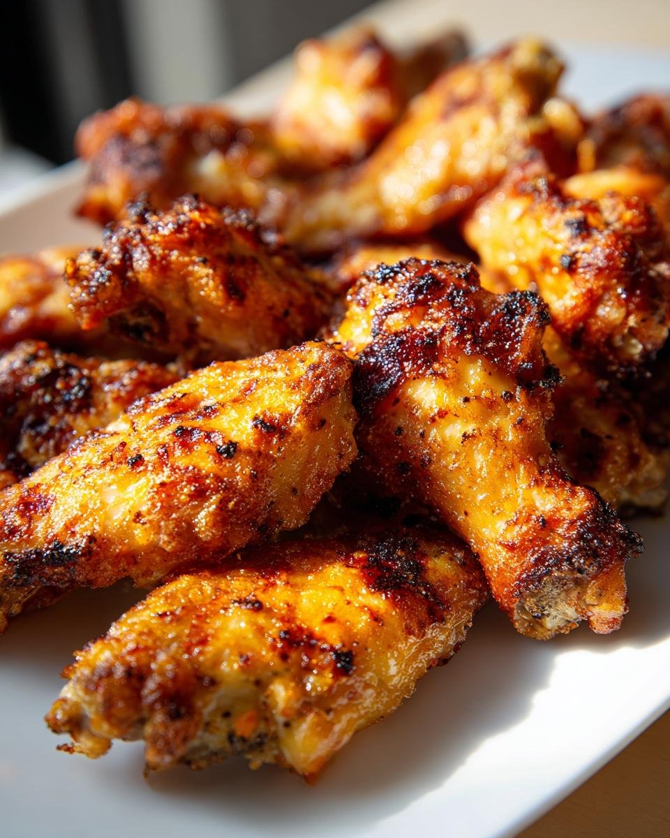 A close-up of a pile of Delicious Oven Baked Chicken Wings, perfectly crispy and golden brown.