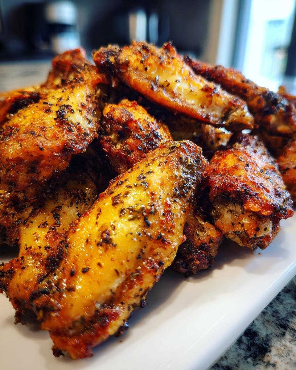 A pile of Delicious Oven Baked Chicken Wings Crispy Perfection, seasoned with herbs and spices.