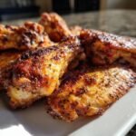 Close-up of Delicious Oven Baked Chicken Wings Crispy Perfection on a white plate, showcasing golden-brown, seasoned skin.