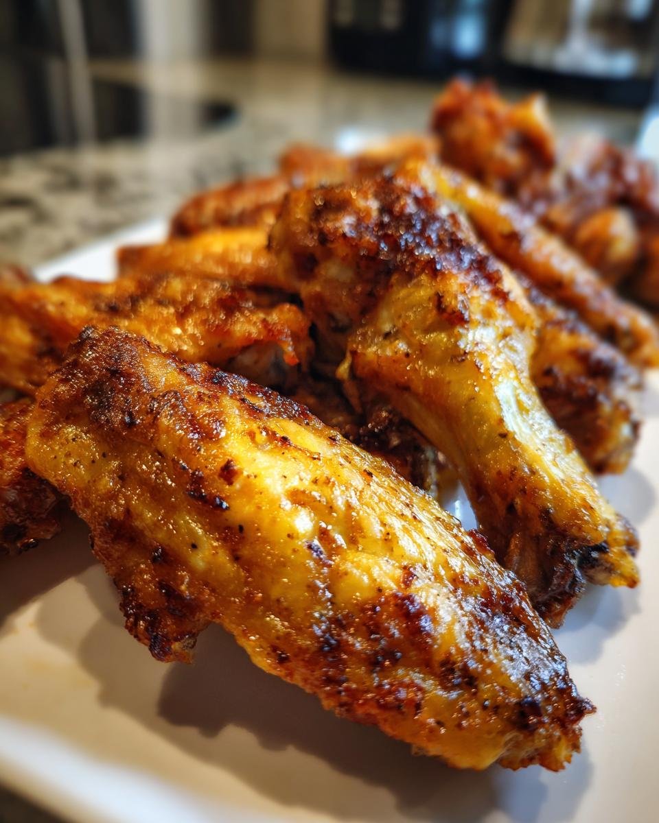 A close-up of a plate piled high with Delicious Oven Baked Chicken Wings Crispy Perfection, showing golden-brown, seasoned skin.