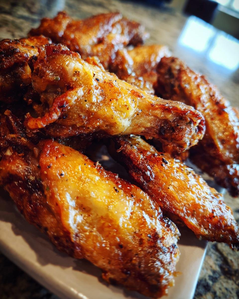 Close-up of a pile of Delicious Oven Baked Chicken Wings Crispy Perfection, glistening and golden brown.