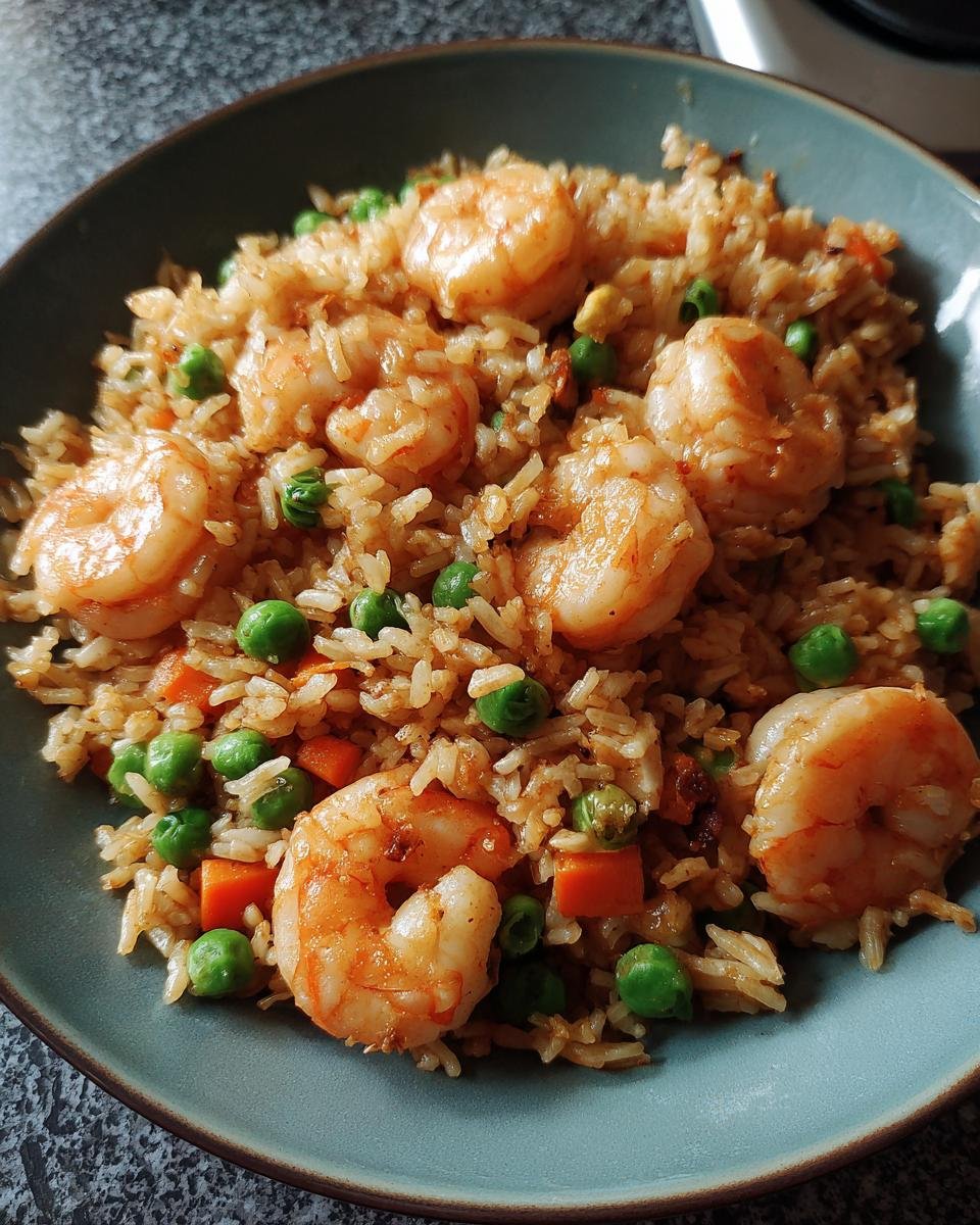 Close-up of a bowl of Delicious Shrimp Fried Rice Easy Takeout Style, featuring plump shrimp, peas, and carrots.
