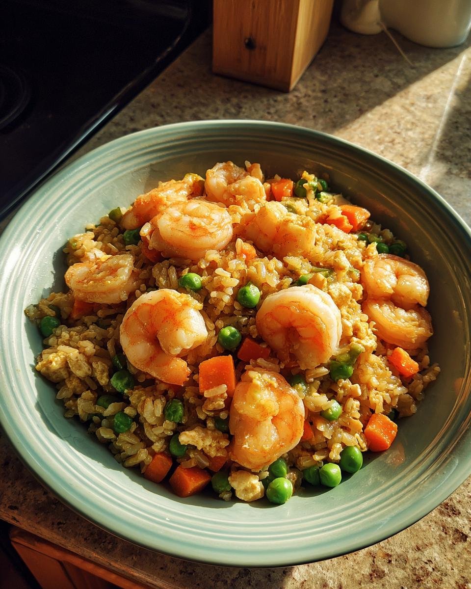 A bowl of Delicious Shrimp Fried Rice Easy Takeout Style, loaded with plump shrimp, peas, and carrots.