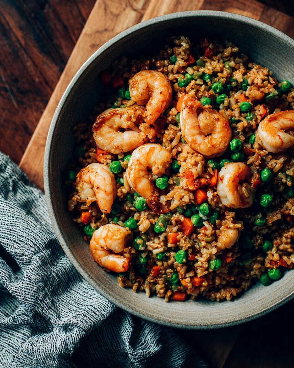 A bowl of Delicious Shrimp Fried Rice Easy Takeout Style, topped with plump shrimp and mixed with peas and carrots.