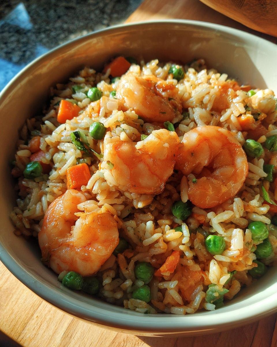 Close-up of a bowl of Delicious Shrimp Fried Rice Easy Takeout Style, featuring plump shrimp, peas, and carrots.