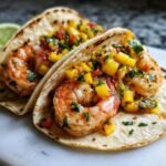 Two Delicious Shrimp Tacos topped with vibrant mango salsa and fresh cilantro.