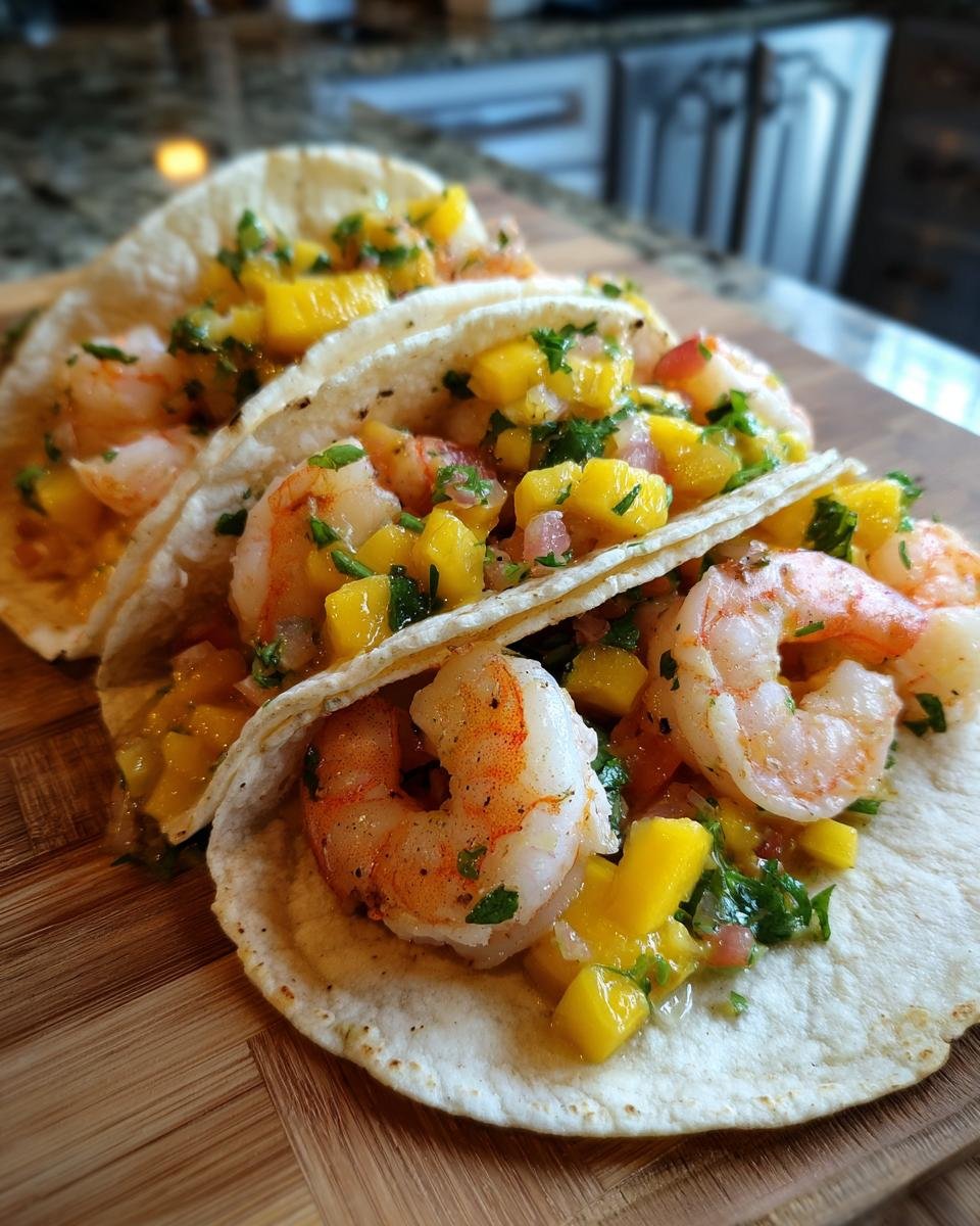 Close-up of three Delicious Shrimp Tacos filled with juicy shrimp and vibrant mango salsa on a wooden board.