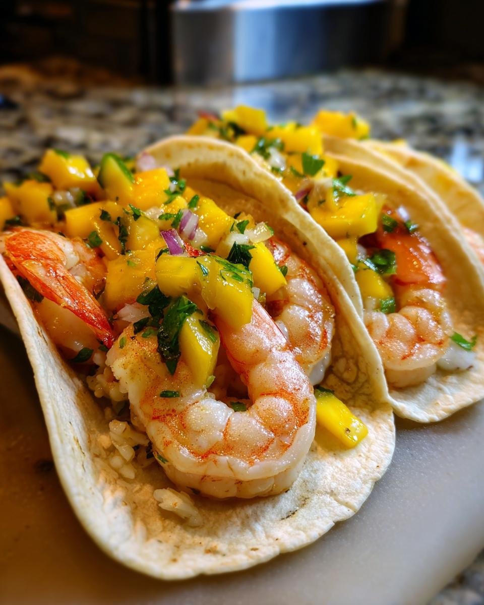 Close-up of delicious shrimp tacos filled with rice, shrimp, and topped with vibrant mango salsa.