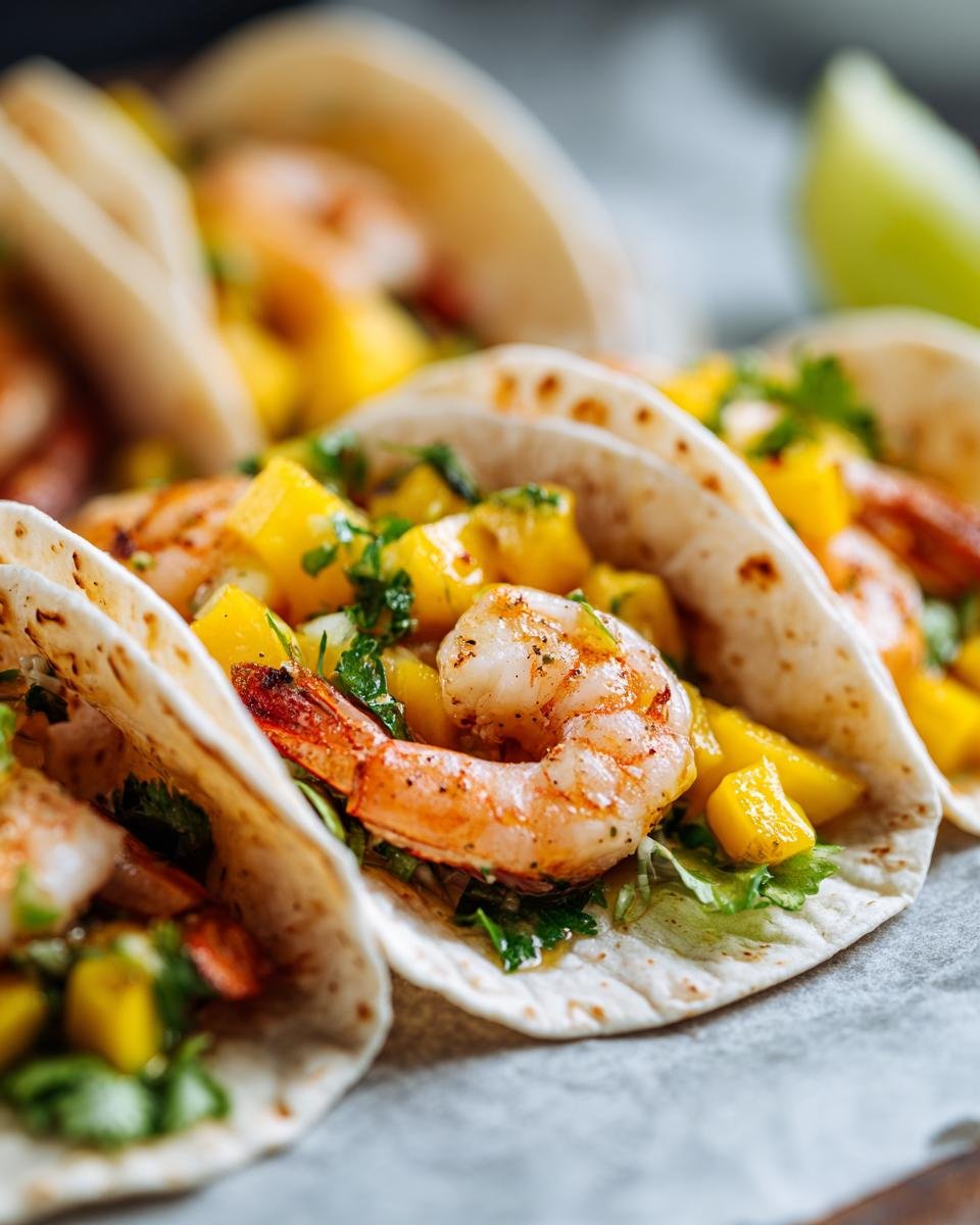 Close-up of delicious shrimp tacos filled with succulent shrimp, fresh mango salsa, and cilantro. A lime wedge is visible.
