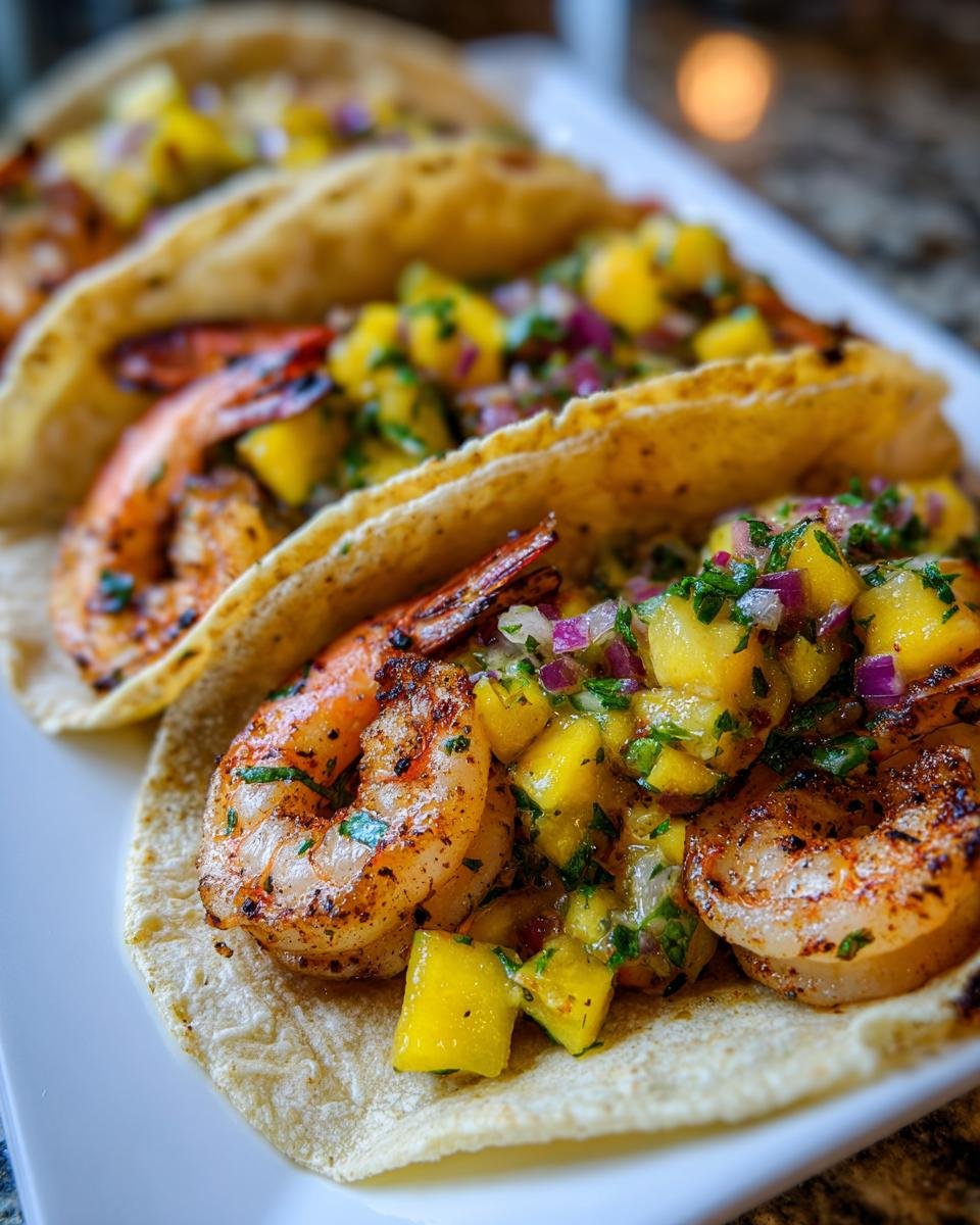 Close-up of delicious shrimp tacos filled with seasoned shrimp and vibrant mango salsa.