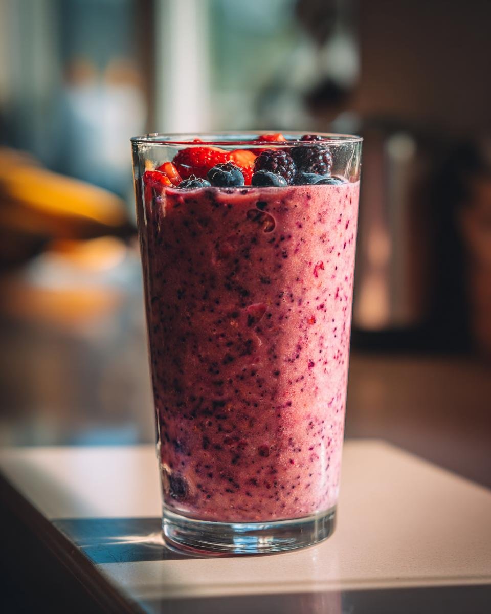 A tall glass filled with a vibrant berry smoothie, topped with fresh strawberries, blueberries, and blackberries. Part of 5 Delicious Smoothies for the Week.