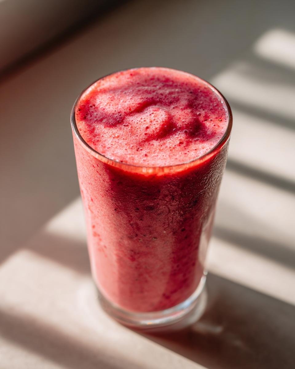 A close-up of a vibrant, pink berry smoothie in a tall glass, perfect for easy mornings.