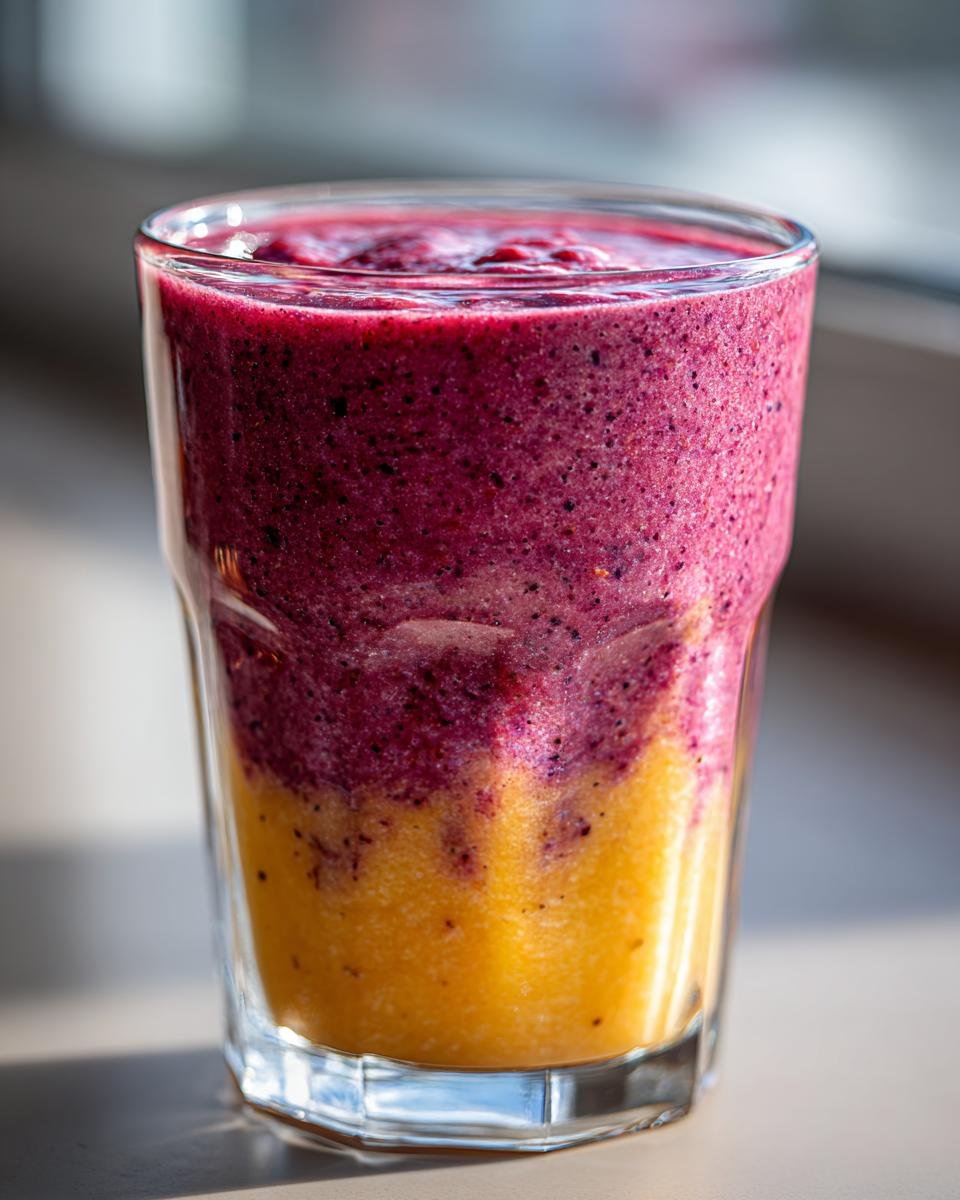 A tall glass filled with a layered berry and mango smoothie, part of 5 Delicious Smoothies for the Week.