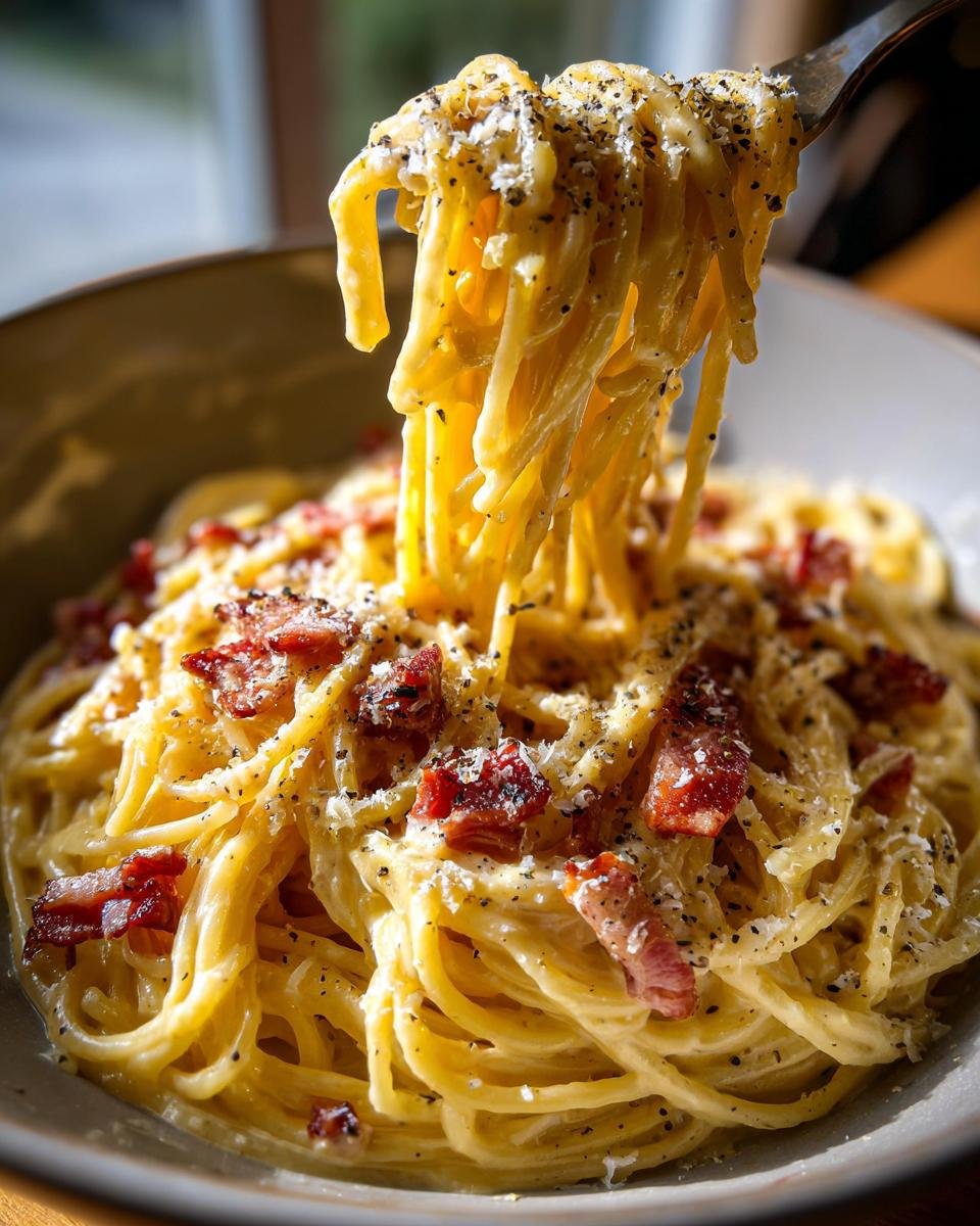 A fork lifting a generous portion of Delicious Spaghetti Carbonara, a creamy Italian classic, from a bowl, topped with crispy pancetta and black pepper.
