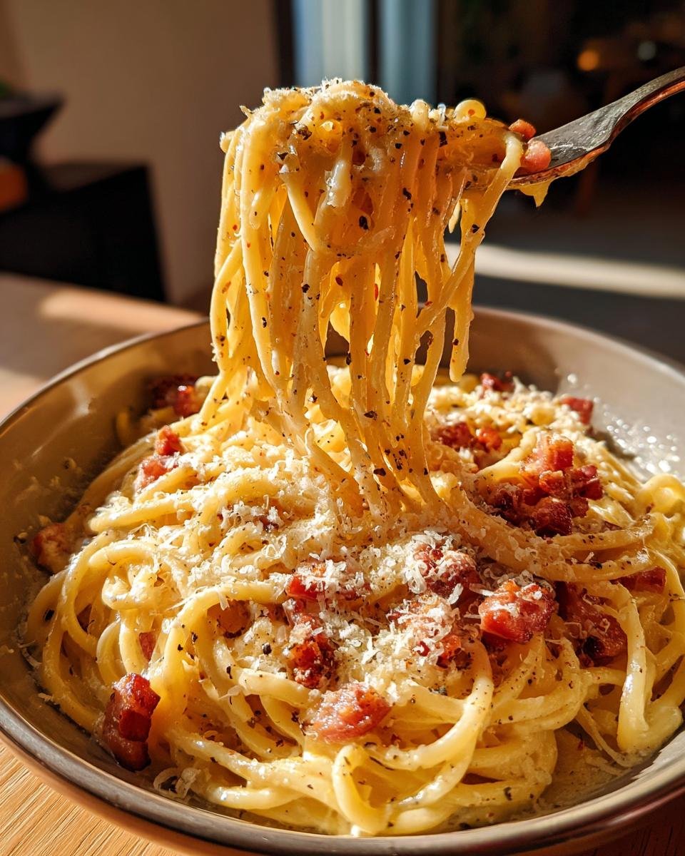 A fork lifts a generous portion of Delicious Spaghetti Carbonara, a creamy Italian classic, topped with crispy guanciale and grated Pecorino Romano.
